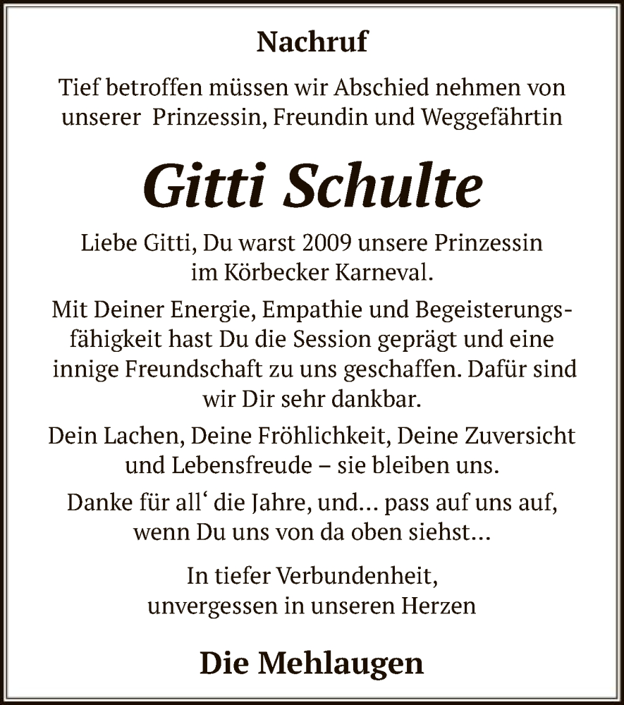  Traueranzeige für Gitti Schulte vom 10.02.2024 aus WA