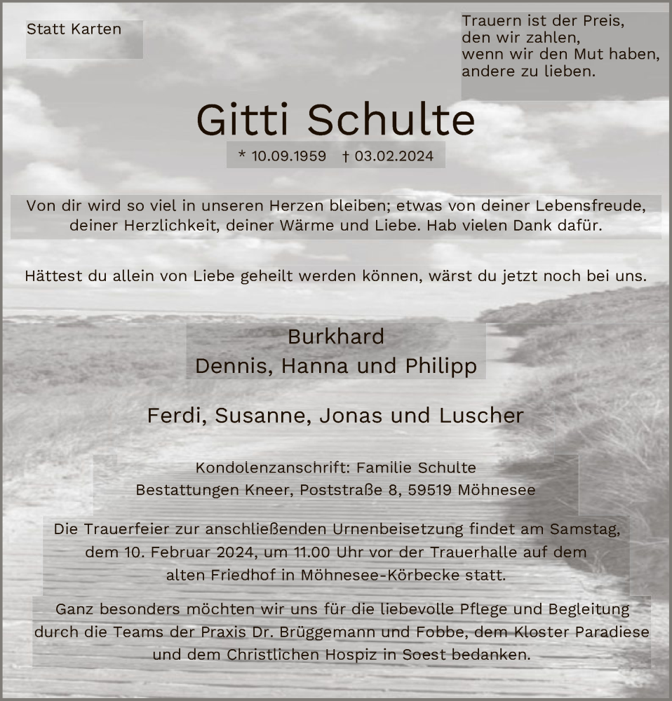  Traueranzeige für Gitti Schulte vom 06.02.2024 aus WA