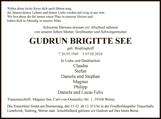 Traueranzeige von Gudrun Brigitte See von WA
