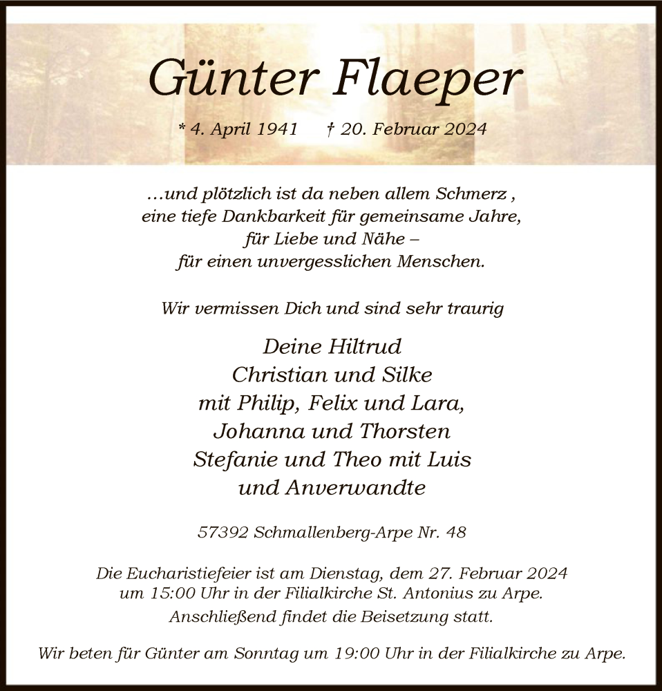  Traueranzeige für Günter Flaeper vom 24.02.2024 aus WA
