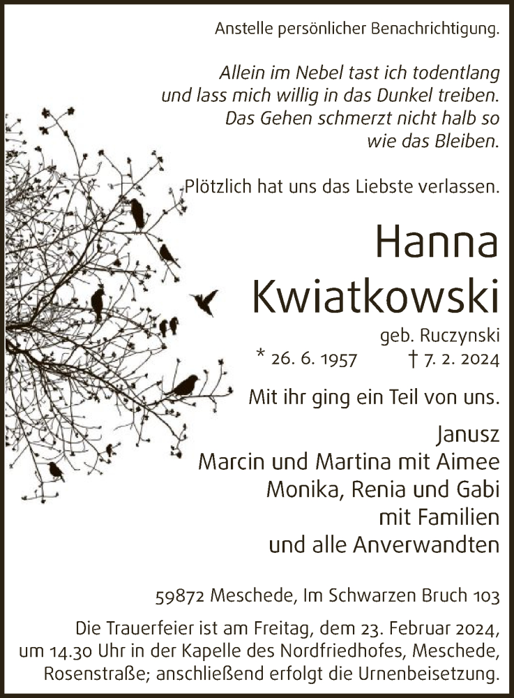  Traueranzeige für Hanna Kwiatkowski vom 10.02.2024 aus WA