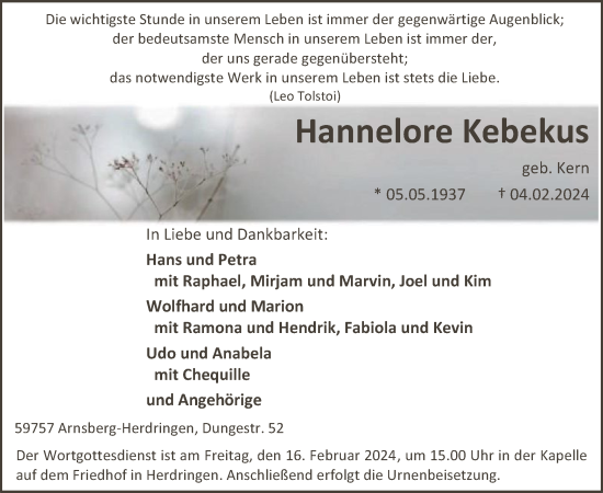 Traueranzeige von Hannelore Kebekus von WA