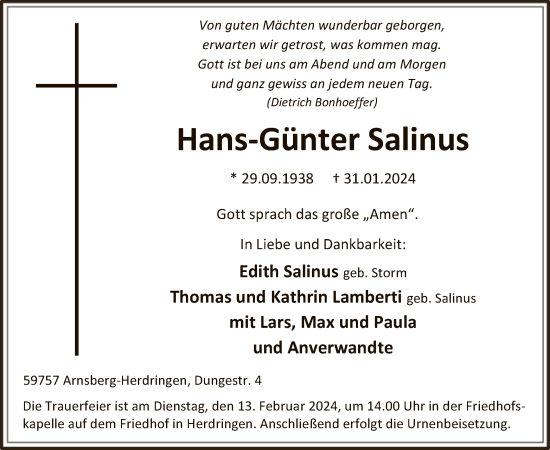 Traueranzeige von Hans-Günter Salinus von WA