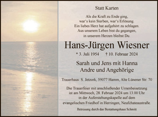 Traueranzeige von Hans-Jürgen Wiesner von WA