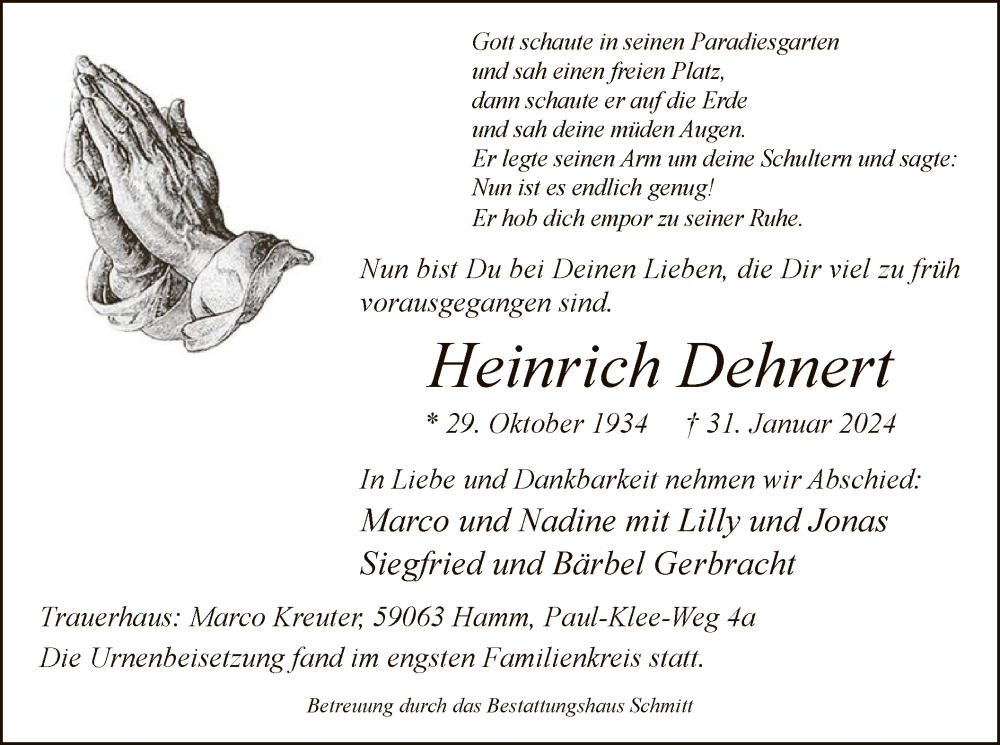  Traueranzeige für Heinrich Dehnert vom 17.02.2024 aus WA