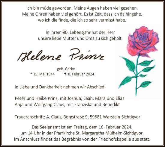 Traueranzeige von Helene Prinz von WA