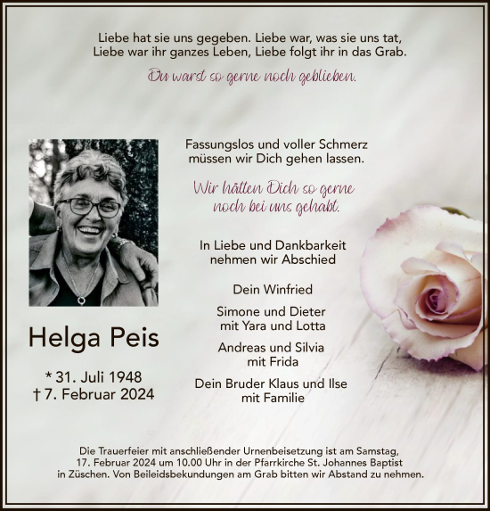 Traueranzeige von Helga Peis von WA