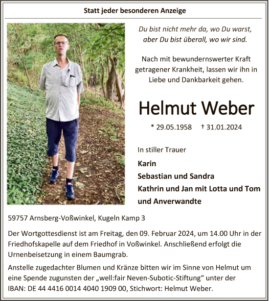 Traueranzeige von Helmut Weber von WA