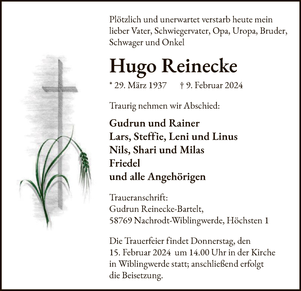  Traueranzeige für Hugo Reinecke vom 13.02.2024 aus WA