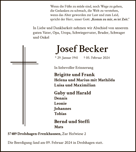 Traueranzeige von Josef Becker von WA