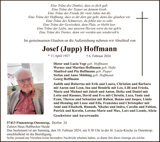 Traueranzeige von Josef Hoffmann von WA