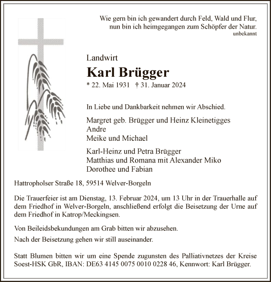 Traueranzeige von Karl Brügger von WA