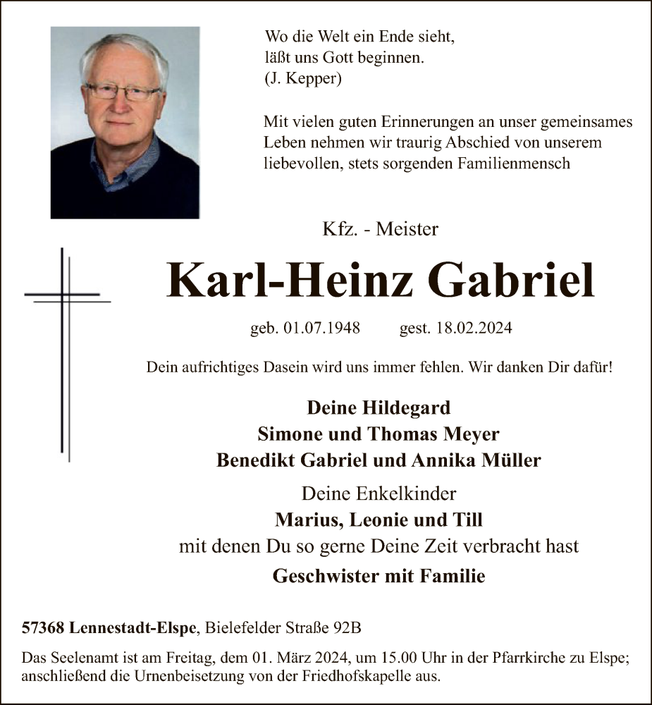  Traueranzeige für Karl-Heinz Gabriel vom 24.02.2024 aus WA