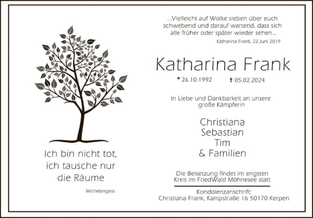  Traueranzeige für Katharina Frank vom 24.02.2024 aus WA