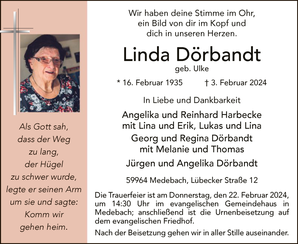  Traueranzeige für Linda Dörbandt vom 10.02.2024 aus WA