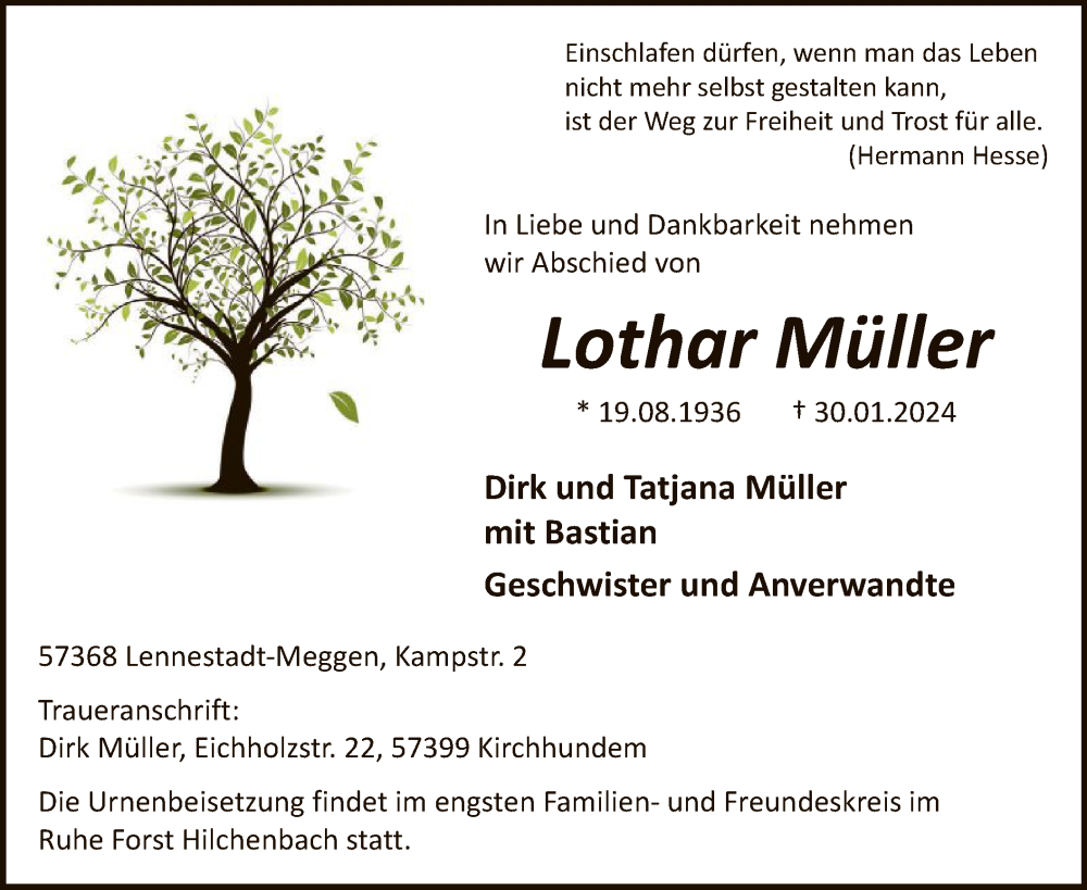  Traueranzeige für Lothar Müller vom 03.02.2024 aus WA