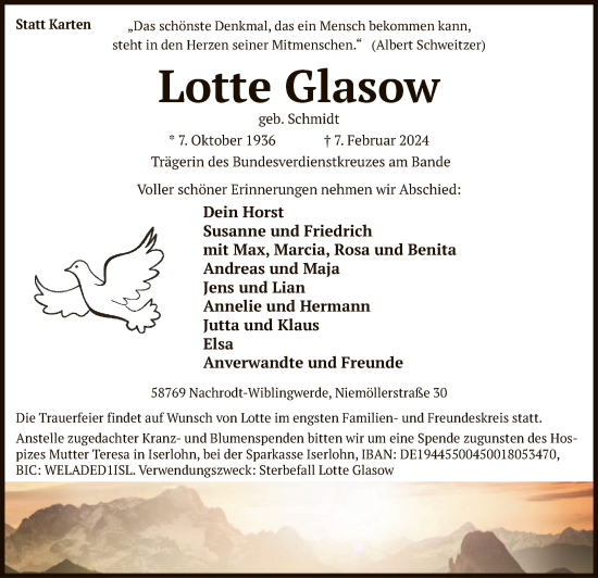 Traueranzeige von Lotte Glasow von WA