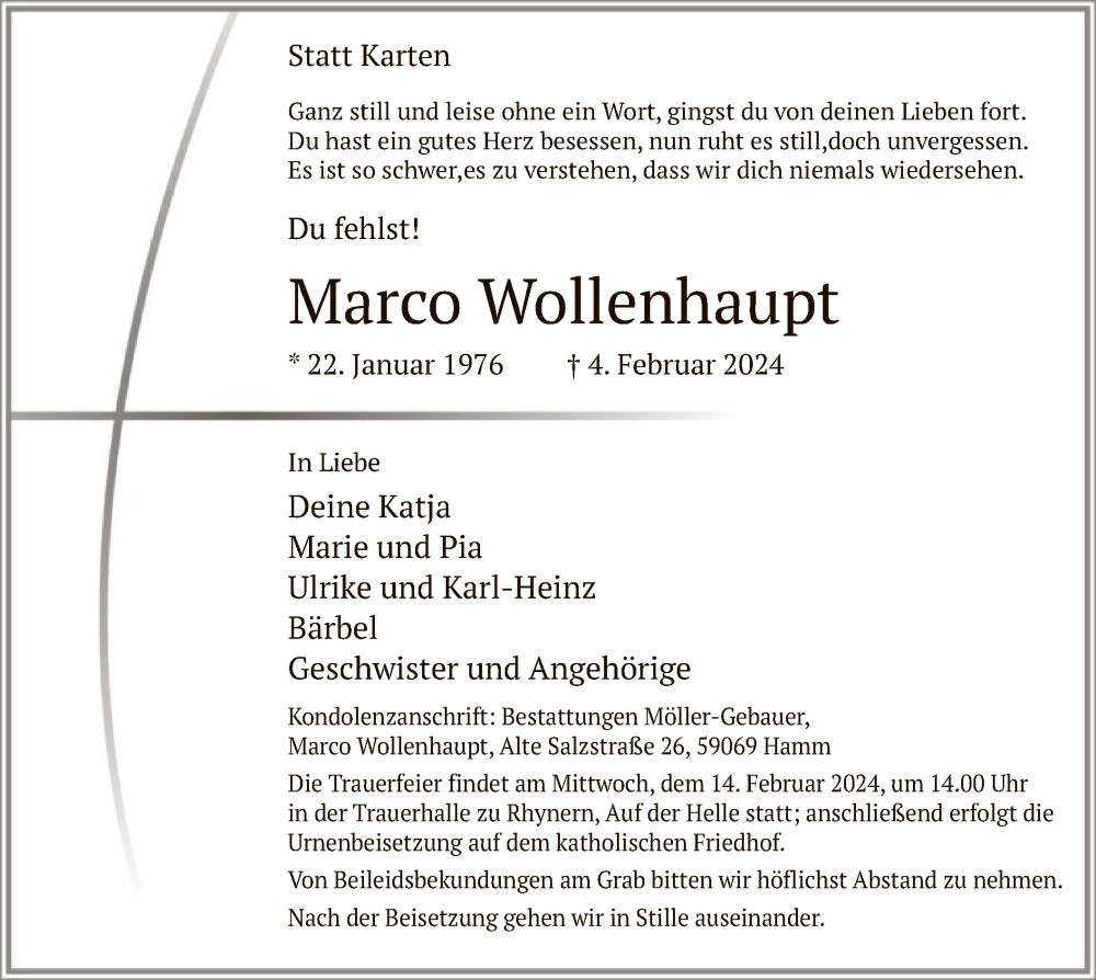  Traueranzeige für Marco Wollenhaupt vom 10.02.2024 aus WA