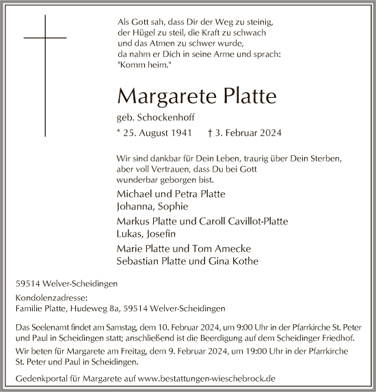 Traueranzeige von Margarete Platte von WA