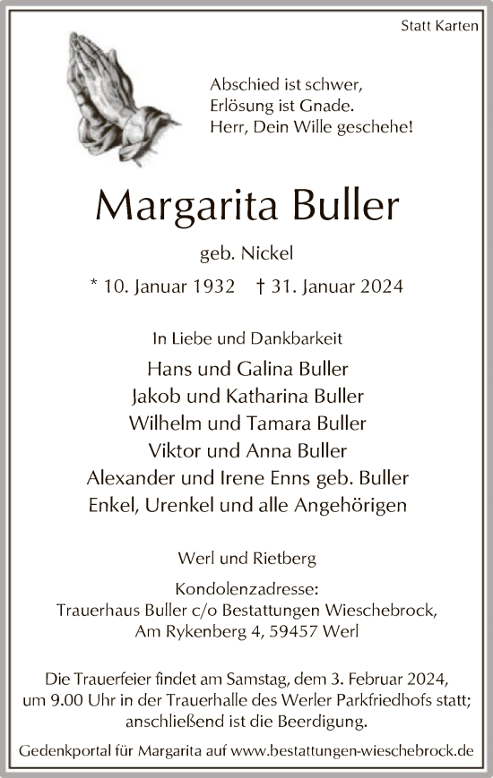 Traueranzeige von Margarita Buller von WA