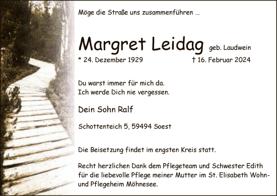 Traueranzeige von Margret Leidag von WA