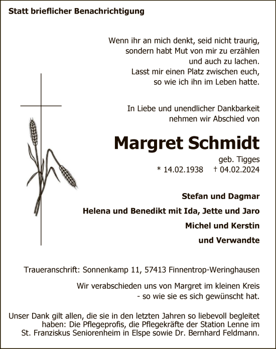 Traueranzeige von Margret Schmidt von WA