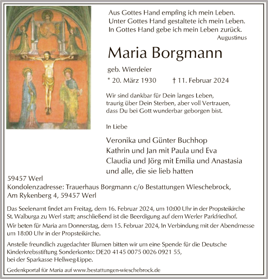 Traueranzeige von Maria Borgmann von WA