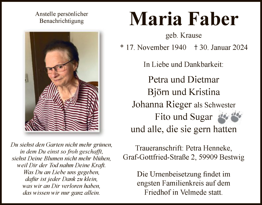  Traueranzeige für Maria Faber vom 03.02.2024 aus WA
