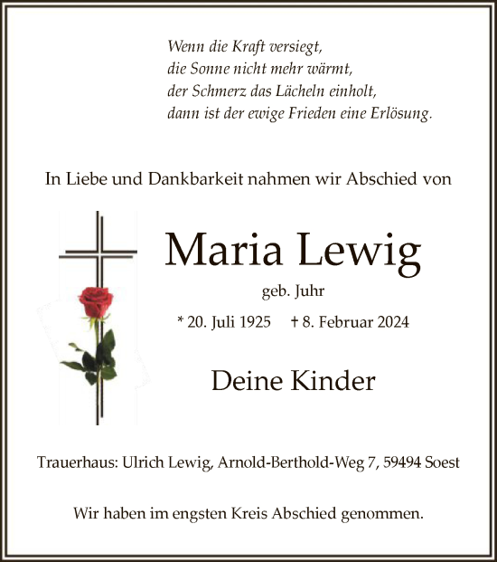 Traueranzeige von Maria Lewig von WA