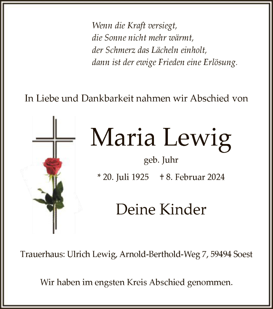  Traueranzeige für Maria Lewig vom 24.02.2024 aus WA