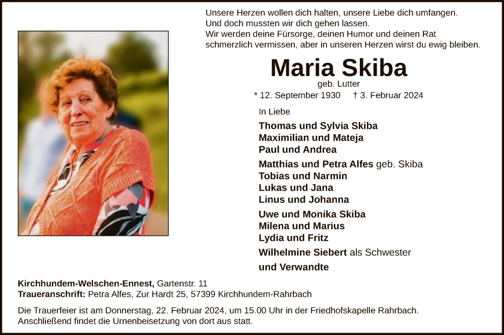  Traueranzeige für Maria Skiba vom 17.02.2024 aus WA