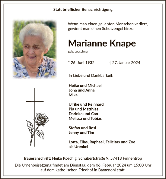 Traueranzeige von Marianne Knape von WA