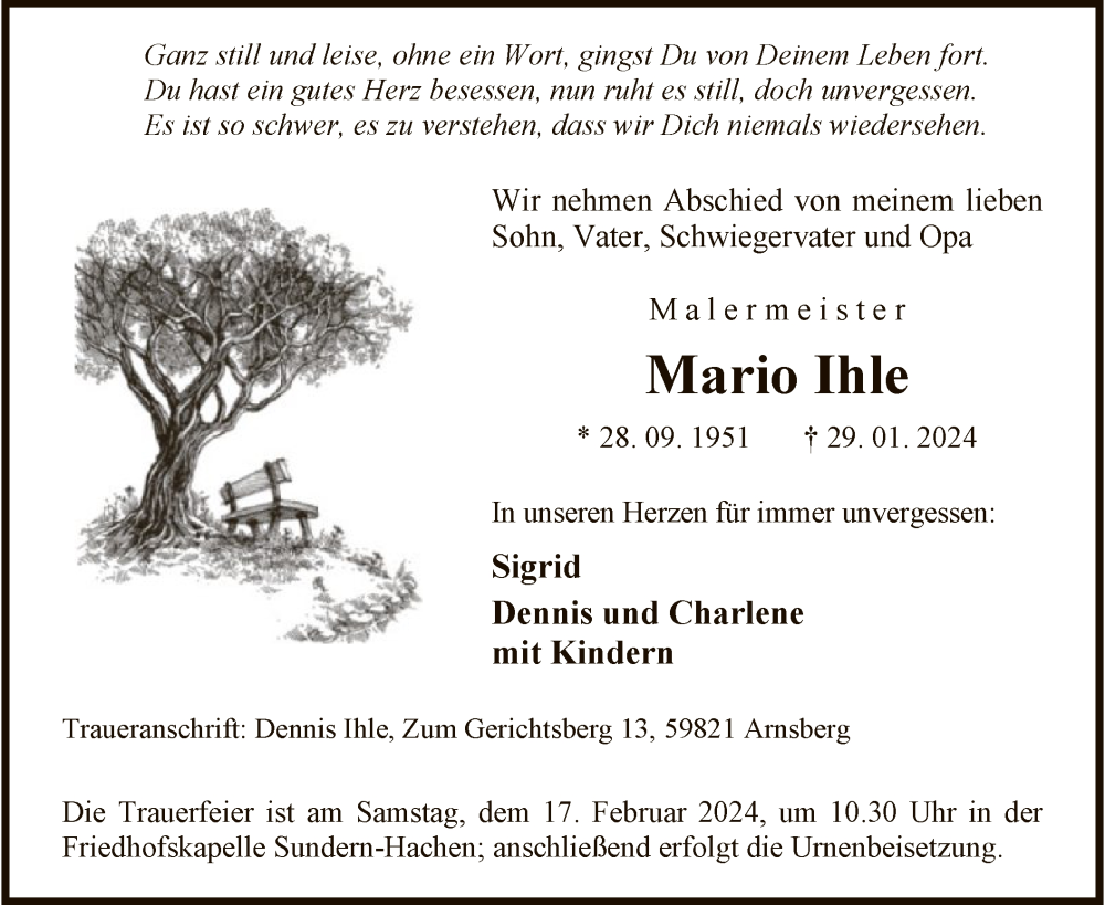  Traueranzeige für Mario Ihle vom 03.02.2024 aus WA