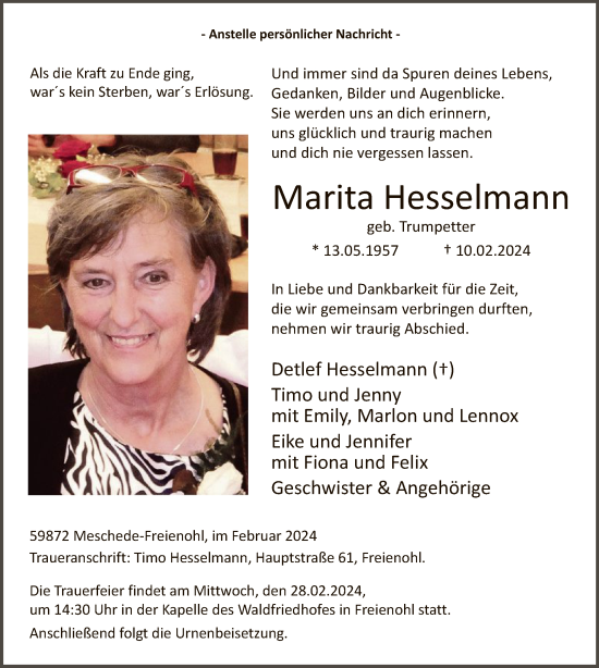 Traueranzeige von Marita Hesselmann von WA
