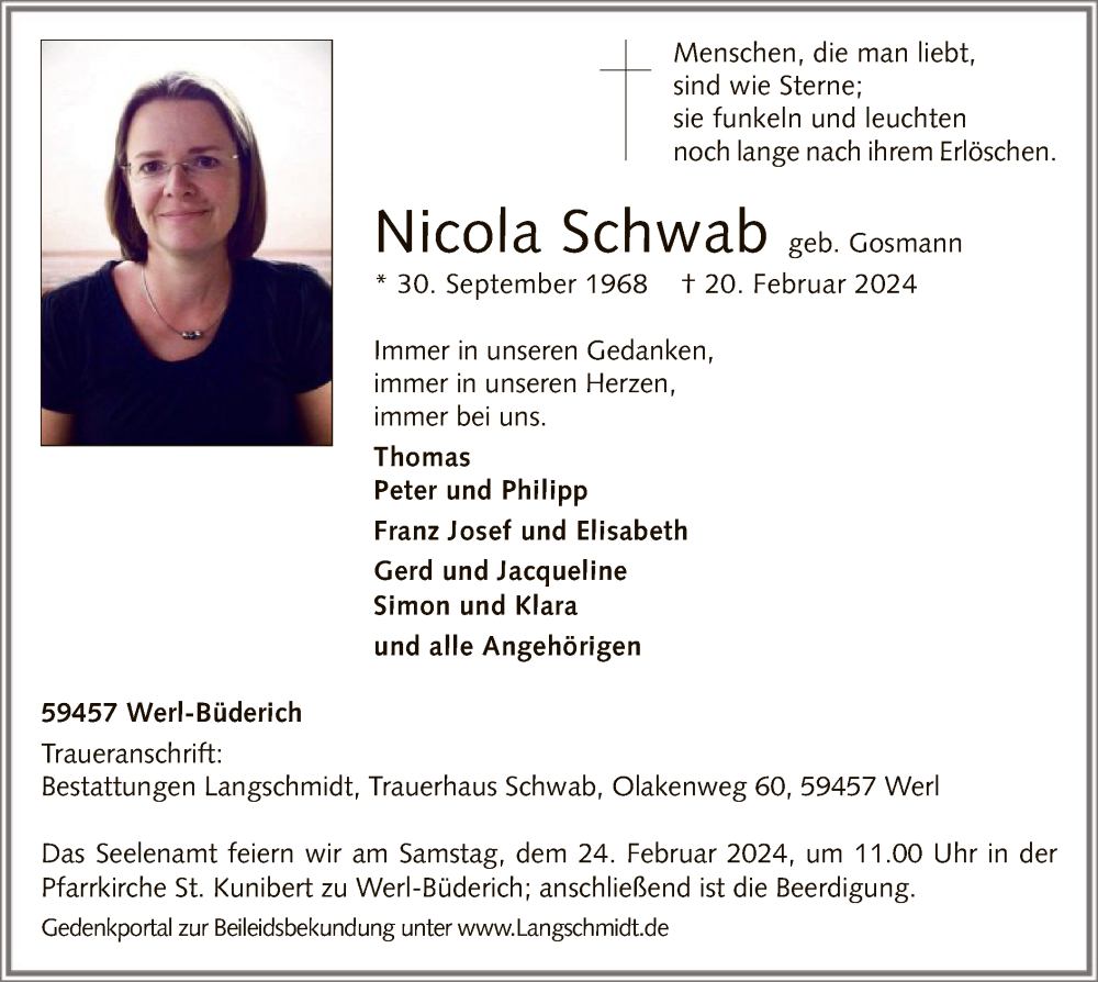  Traueranzeige für Nicola Schwab vom 23.02.2024 aus WA