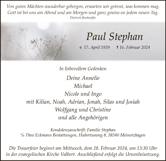 Traueranzeige von Paul Stephan von WA