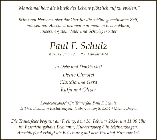 Traueranzeige von Paul F. Schulz von WA
