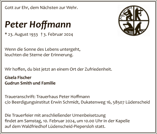 Traueranzeige von Peter Hoffmann von WA