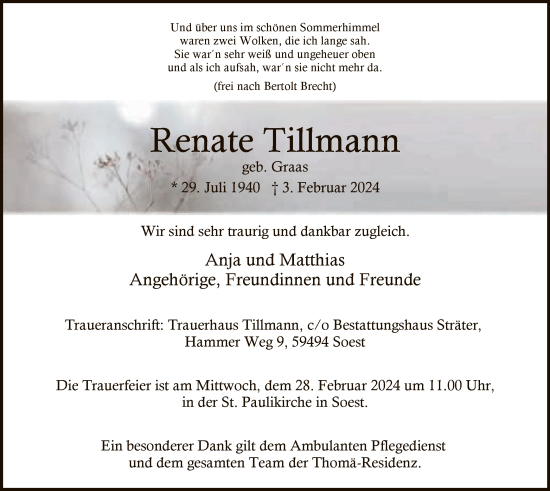 Traueranzeige von Renate Tillmann von WA