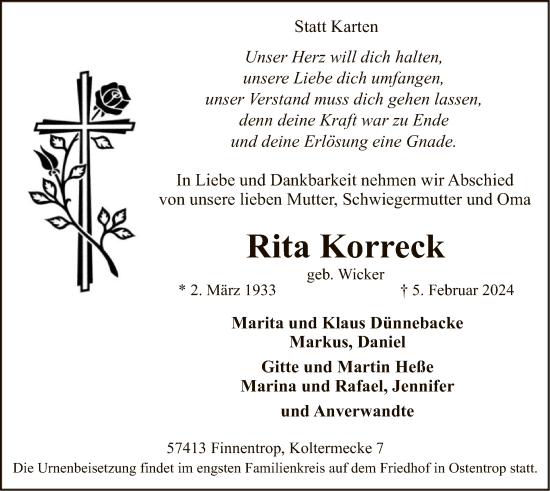 Traueranzeige von Rita Korreck von WA