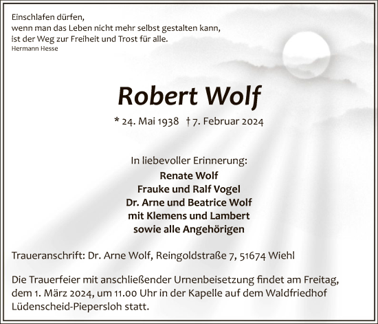Traueranzeige von Robert Wolf von WA