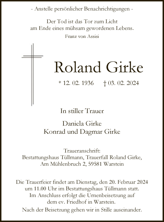 Traueranzeige von Roland Girke von WA