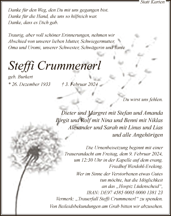 Traueranzeige von Steffi Crummenerl von WA