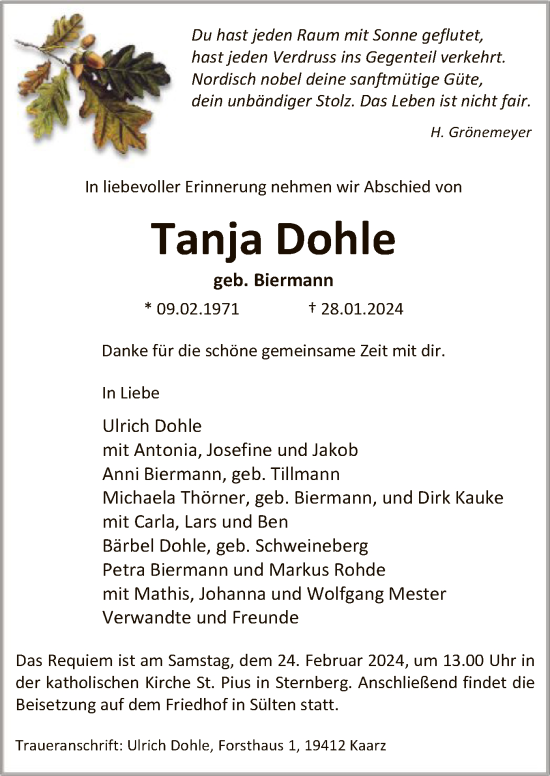 Traueranzeige von Tanja Dohle von WA