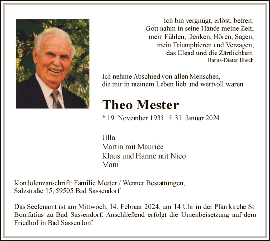 Traueranzeige von Theo Mester von WA
