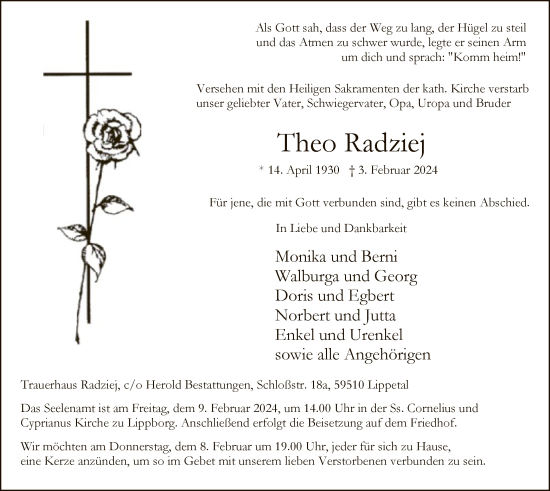 Traueranzeige von Theo Radziej von WA