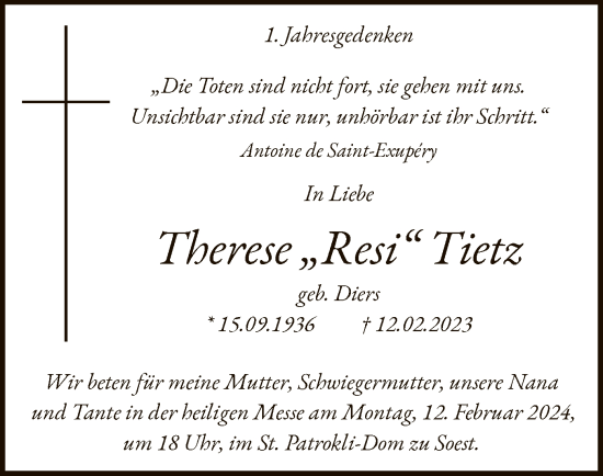 Traueranzeige von Therese Tietz von WA