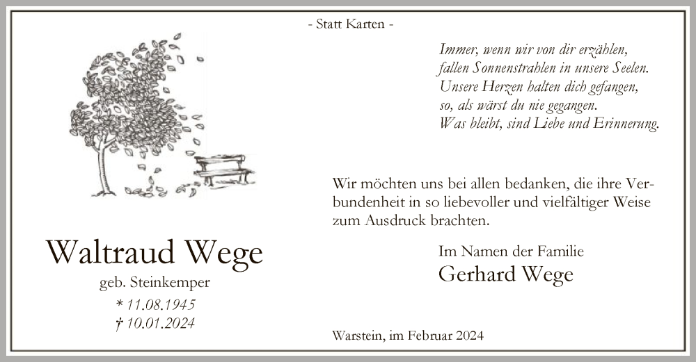  Traueranzeige für Waltraud Wege vom 24.02.2024 aus WA