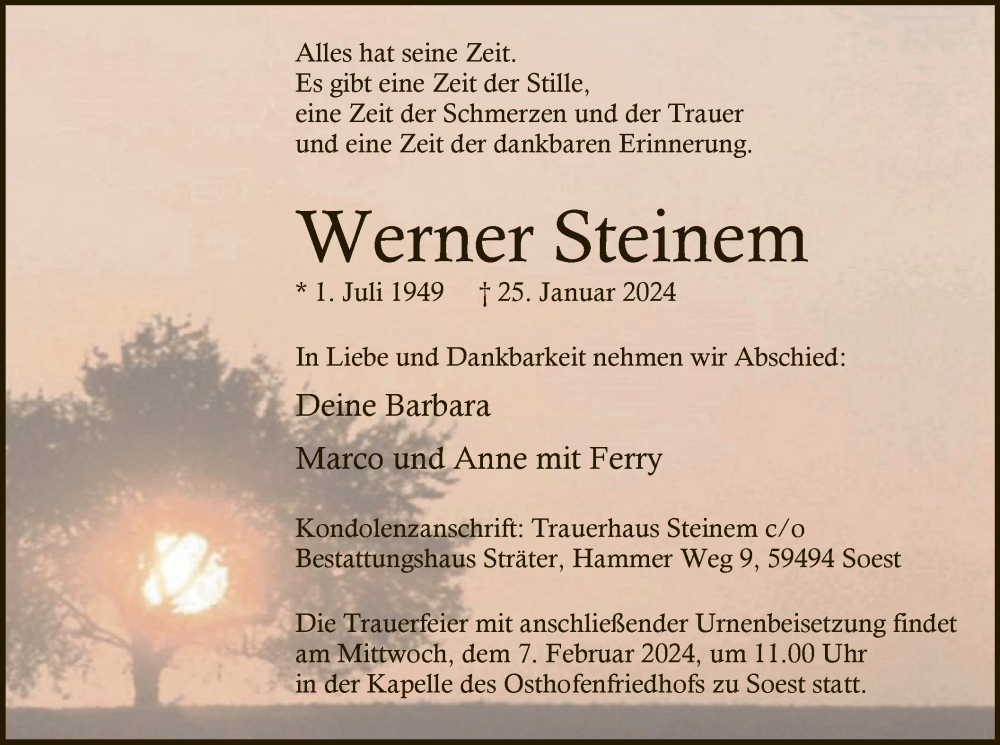  Traueranzeige für Werner Steinem vom 03.02.2024 aus WA