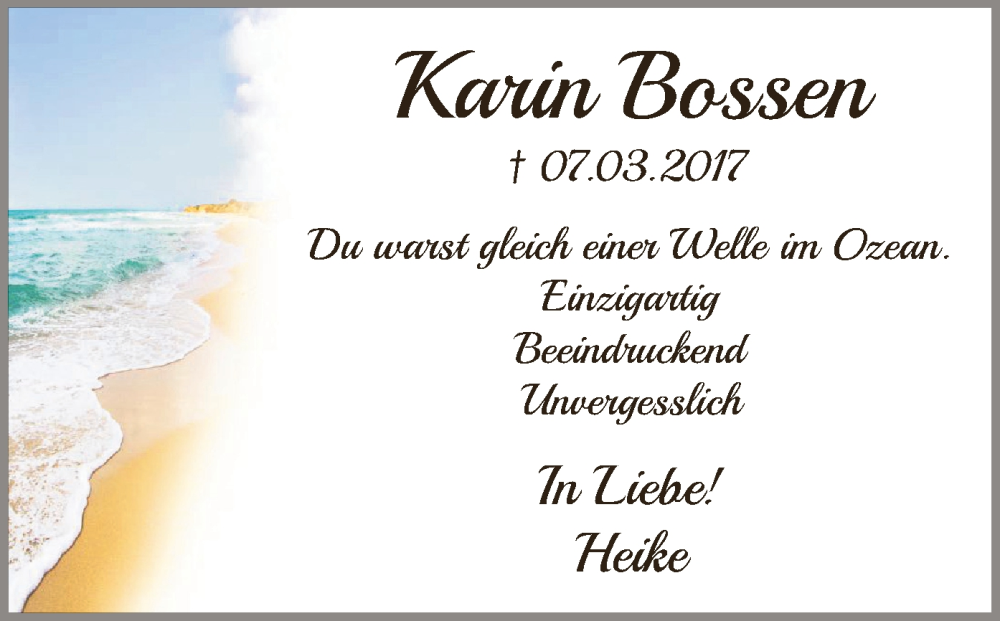  Traueranzeige für Karin Bossen vom 07.03.2024 aus WA